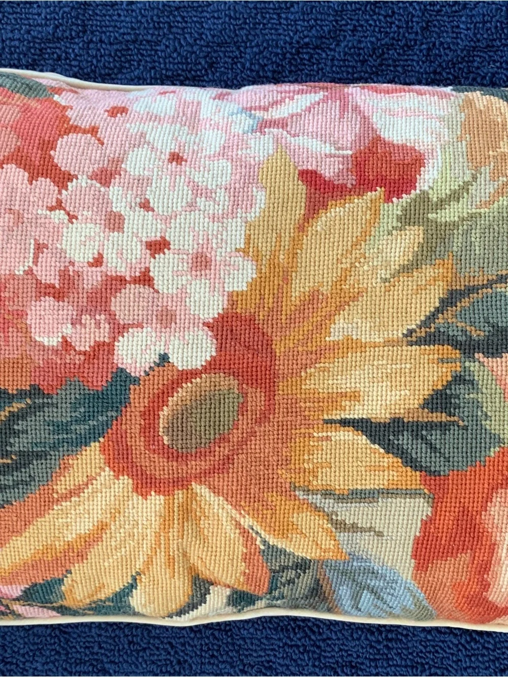 (2) VTG Floral Needlepoint Pillows 19” X 14”Velvet Backing Grandmacor